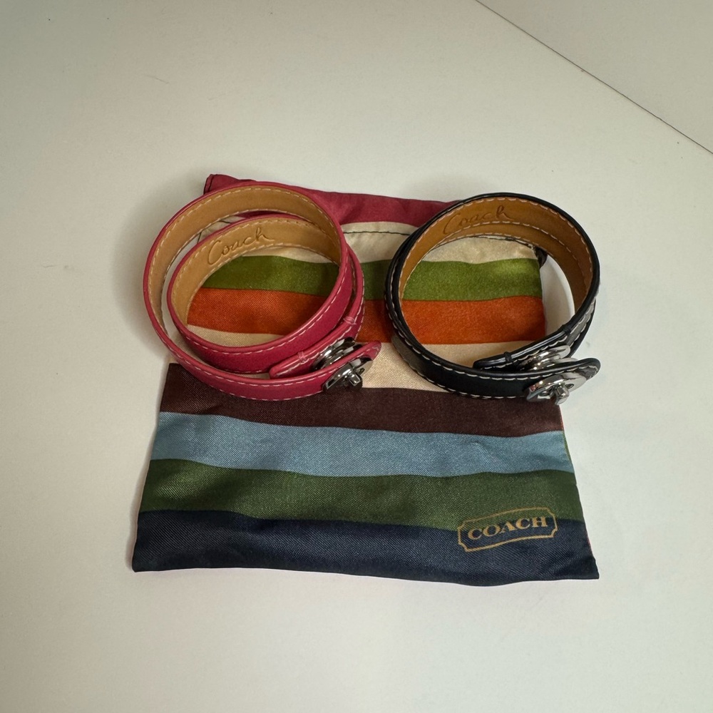 Coach Leather Wrap Bracelets Pink and Black with Coach Sateen Jewelry Pouch
